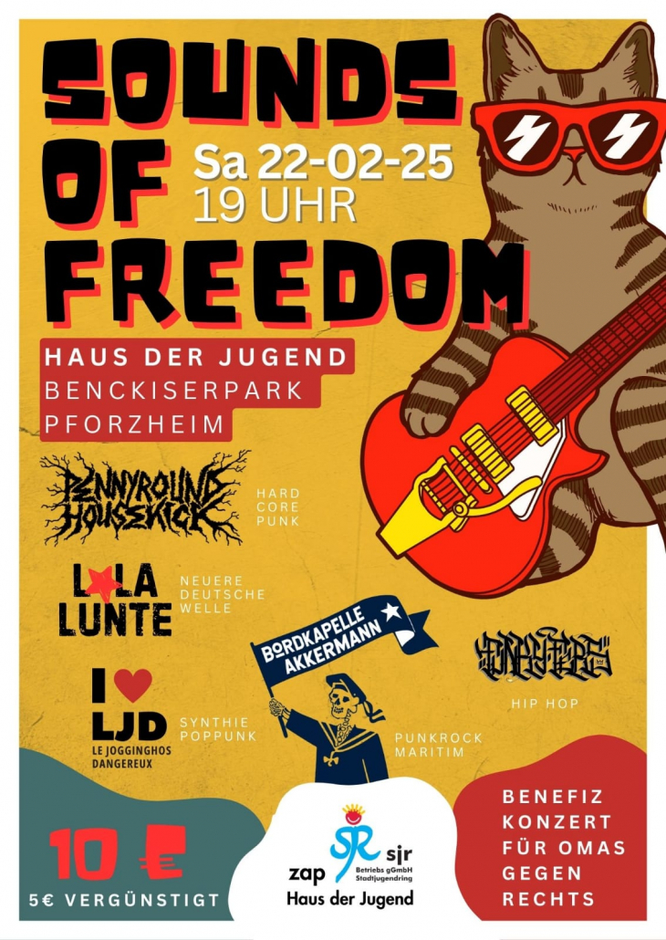 Sharepic für das Benefizkonzert SOUNDS OF FREEDOM am 22.02.2025 im Haus der Jugend Pforzheim